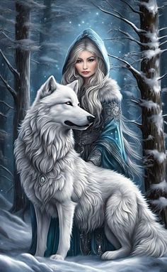 a painting of a woman and a wolf in the woods with snow on the ground