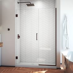 The DreamLine Unidoor Plus is a frameless hinged shower door or enclosure that is perfectly designed for today’s contemporary trends. With modern appeal and sleek clean lines, the Unidoor Plus adds a touch of timeless style to any bathroom space. DreamLine exclusive ClearMax water repellant and stain resistant glass coating adds superior protection from stains and is nearly maintenance-free. Unidoor Plus is part of the DreamLine Unidoor collection, the most versatile line of shower doors and enclosures on the market. Whatever your needs, DreamLine has the ultimate solution for your shower project! DreamLine Unidoor Plus Oil Rubbed Bronze 49-1/2-in to 50-in W x 72-in H Frameless Hinged Shower Door | SHDR-244957210-06 Hinged Shower Door, Shower Door Designs, Black Shower Doors, Frameless Hinged Shower Door, Modern Tub, Frameless Shower Door, Bathtub Doors, Tub Doors, Tub Shower Doors