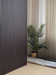 a room with a plant in the corner next to a sliding glass door that has vertical blinds on it