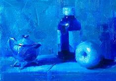 a painting of two blue objects on a table top next to each other, with one object in the foreground