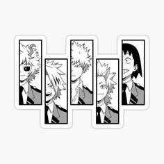 five anime avatars sticker set with four different faces, one in black and white