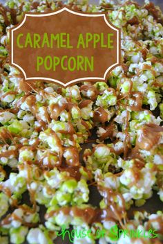 caramel apple popcorn with chocolate drizzled on top and text overlay