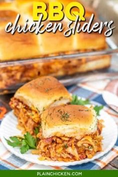 bbq chicken sliders on a plate with parmesan bread in the background