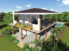 an artist's rendering of a house in the middle of a lush green field