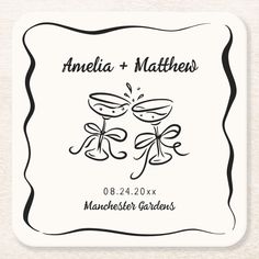 a wedding coaster with the name and date on it, which is drawn in black ink