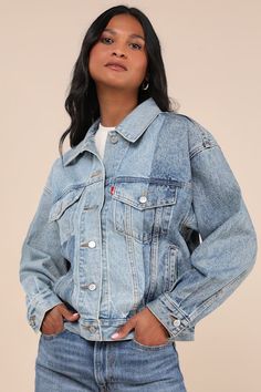 Trendy girls everywhere need a closet essential like the Levi's 90s Crafted Trucker Medium Wash Denim Jacket to keep it cool and classic! Sturdy, cotton-blend denim (in Levi's Clean Craft wash) boasts a unique, pieced-together design as it shapes this essential jacket that has a boxy bodice with a collared neckline, twin flap pockets, and classic seam details, all framed by long sleeves with drop shoulders and button cuffs. Roomy, front welt pockets offer plenty of carrying space, while a functi 90s Trends, Keep It Cool, Hot Iron, Comfortable Room, Logo Tag, Winter Tops, Trucker Jacket, Fall Fashion Outfits, Jean Jackets