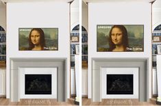 there are two pictures of the same fireplace