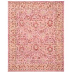 a pink and orange rug with an ornate design on the center, in front of a white background