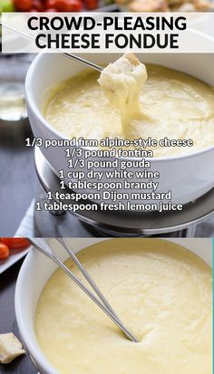 a bowl of cheese fondue is shown with the instructions for how to make it