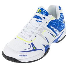 a white and blue tennis shoe with yellow accents on the upper part of the shoe