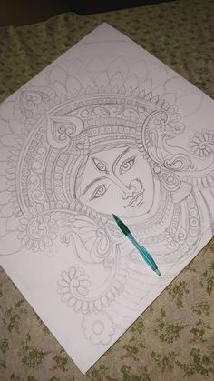 Maa Durga Sketch Easy, Durga Sketch Art, Drawing Ideas Indian Art, Mandala Art Durga Maa, Drawing Ideas For Diwali, Durga Ma Drawings, Durga Sketch Pencil, Ma Durga Drawing Easy, Festival Art Drawing