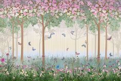 a painting of trees and flowers with birds flying over them