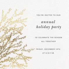 a white and gold holiday party is featured on the front of this card with glittery branches