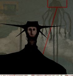 a man in a black hat with long hair and an alien like face behind him