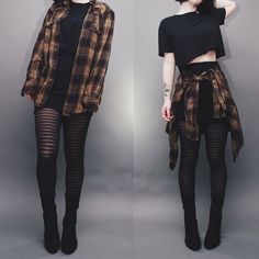 Grunge Style Outfits, Black Tights Outfit, Plaid Shirt Outfits, Converse Outfits, Look Grunge, Black Clothes, Peplum Tops, Make Up Tutorial