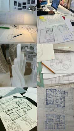 some drawings and papers on a table with a laptop