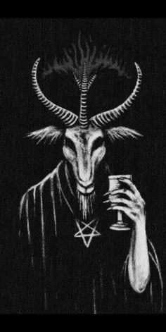 a black and white drawing of a goat with horns holding a glass in it's hand