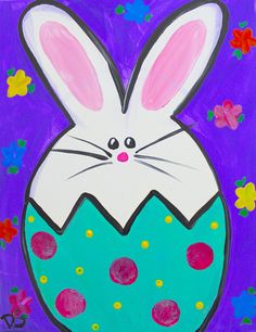 a painting of a white bunny in an egg with flowers on the side and purple background