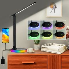 an image of a desk lamp on top of a wooden dresser with pictures and books