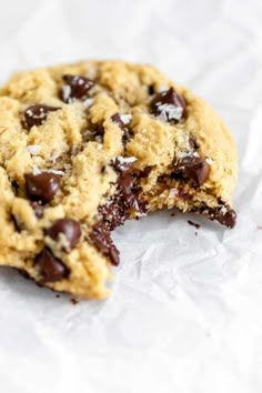 a chocolate chip cookie is cut in half