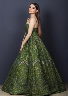 Daphne Gown Walia Jones Raw Silk Gown, Sharara Saree, Indian Wedding Gowns, Sharara Suits, Indian Outfits Lehenga, Wedding Lehenga Designs, Green Embroidery, Traditional Indian Dress, Bridal Lehengas