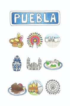 an image of the word pueblo written in blue and surrounded by pictures of different things