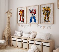 a kid's room decorated in white and neutrals with toys on the wall