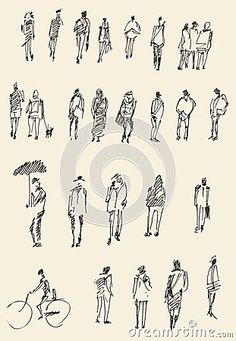 people walking and riding bicycles in the city, hand drawn doodles on paper