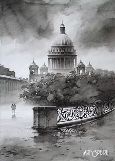 a black and white drawing of a boat in the water near a cityscape