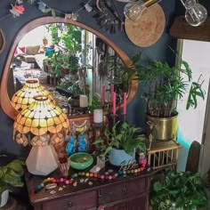 a room filled with lots of potted plants next to a large round mirror on the wall