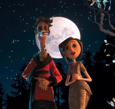 an animated man and woman standing next to each other in front of a full moon