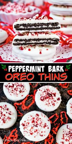 peppermint bark oreo thins with white frosting and sprinkles