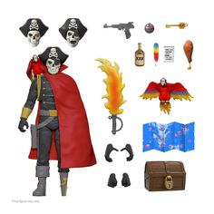 a pirate doll is shown with all his accessories