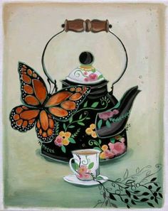 a painting of a teapot with butterflies on it and a cup next to it