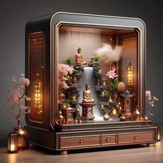 a small shrine with buddha statues and flowers in it's display case on a table