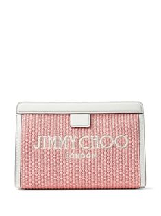 pink/white cotton blend interwoven design embroidered logo to the front clasp fastening internal slip pocket internal logo patch Jimmy Choo Bags Clutches, Rose Latte, Vacation Capsule, Embroidered Pouch, Designer Beach Wear, Pink Pouch, Statement Shoes, Luxury Belts