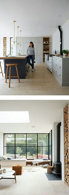 two pictures of the same kitchen and living room