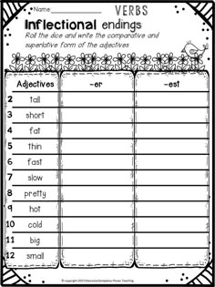 the printable worksheet for an inflectional ending and ending words