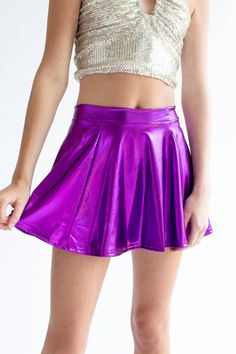 Metallic skater skirt, available in 5 colors. Customers also love our metallic leggings Trendy Mini Tennis Skirt For Party, Party Tennis Skirt In Solid Color, Spring Party Skort In Solid Color, Trendy Party Tennis Skirt, Party Solid Color Flared Skirt Bottoms, Metallic Summer Skirt, Trendy Solid Color Party Skort, Stretch Tennis Skirt For Party, Trendy Solid Color Skort For Party