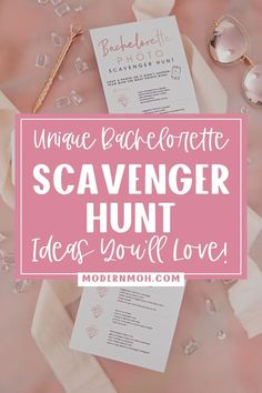 a pink and white photo with text that reads unique bachelor scavenger hunt ideas you'll love