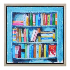 a painting of books on a blue shelf