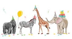 an elephant, giraffe and zebra standing next to each other wearing party hats