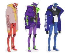 three mannequins dressed in colorful clothing with words written on the clothes and footwear