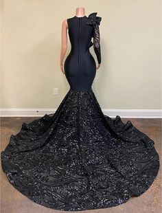 Mermaid / Trumpet Evening Gown Floral Dress Carnival Formal Chapel Train Long Sleeve One Shoulder African American Sequined with Sequin فستان زهري, Gown Floral, Prom Dress Pictures, Ruffle Prom Dress, Sparkly Prom Dresses, Floral Dress Formal, Prom Dresses Long Lace, Gorgeous Prom Dresses, Prom Dresses Long Mermaid