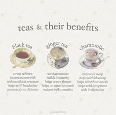 teas and their benefits poster with four different types of tea in cups, saucers, and spoons