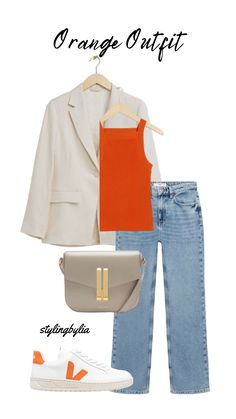 White and orange outfit combination Orange Outfit Ideas Casual, Orange And Cream Outfit, White And Orange Outfit, Orange And White Outfits, Orange Closet, Orange Shoes Outfit, Cream Dress Outfit, Orange Outfit Ideas, Orange Top Outfit