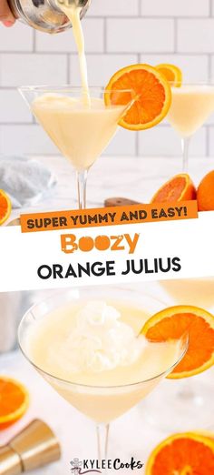 orange juice being poured into martini glasses with text overlay that reads super yummy and easy boozy orange jello