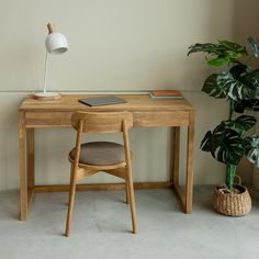 a wooden desk with a chair next to it and a potted plant in the corner