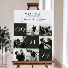 an easel holding a welcome sign with photos on it