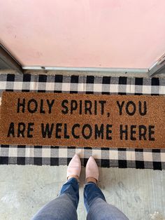 Welcome the presence of the Holy Spirit into your home with our uplifting XL doormat featuring the message, "Holy Spirit, you are welcome here." Let this reminder greet all who enter or exit, encouraging them to turn to God and embark on a daily journey with Him. This doormat can be paired with our XL doormat runner for the look shown here. Please note, restocks are not guaranteed. Once they're gone, they're gone. More details: Coconut coir construction Dimensions: XL 47"W x 15"H Each sold separ Christian Welcome Signs Front Doors, Turn To God, Welcome Signs Front Door, Uplifting Words, The Holy Spirit, The Message, Holy Spirit, Door Mat, Coconut